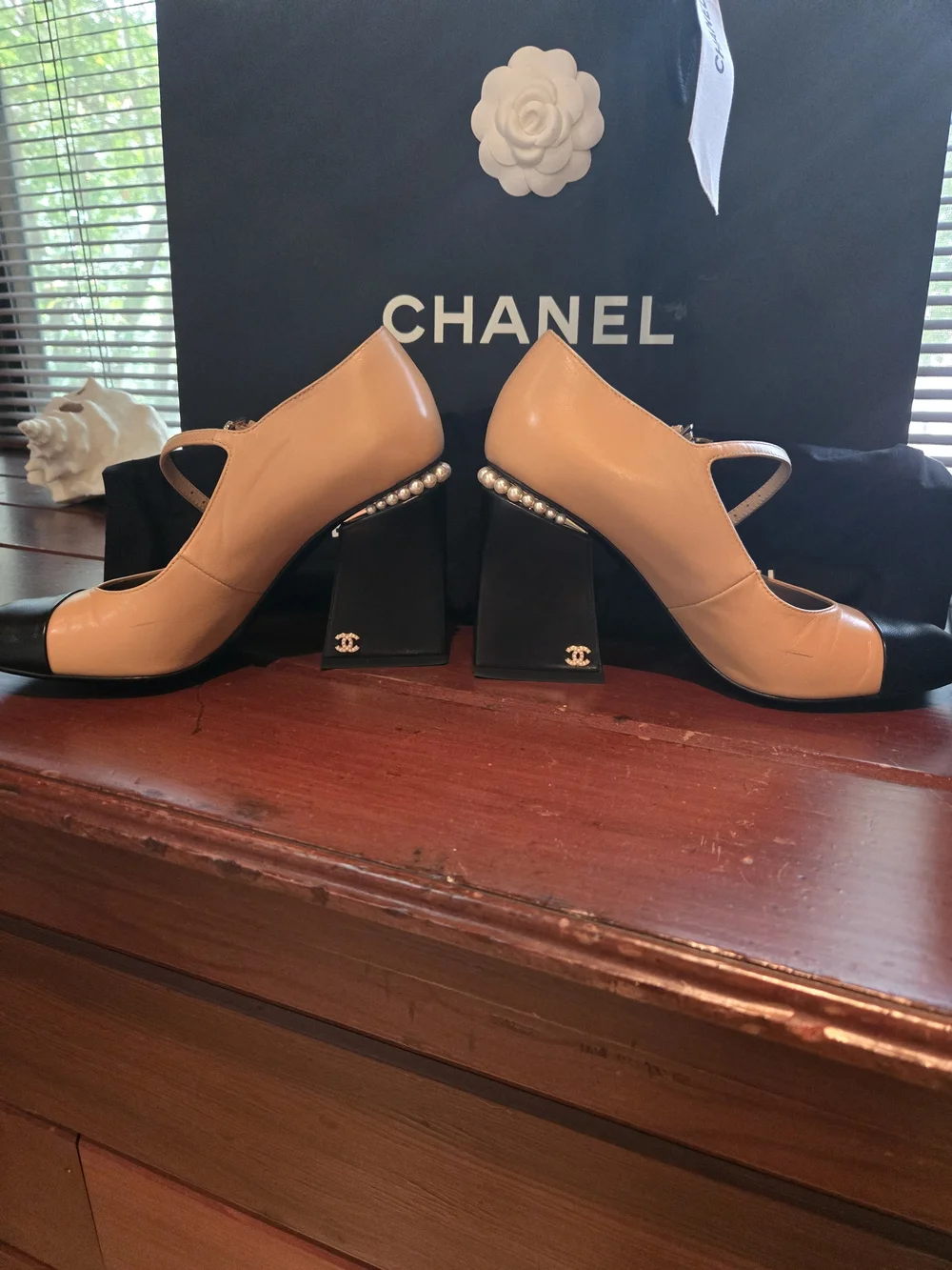 Chanel Two-Tone Mary Jane Pumps in Beige and Black